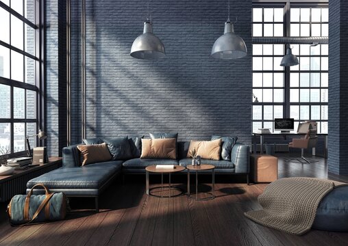 Nowoczesny loft, pok&oacute;j dzienny z wygodną sofą i stylowymi stolikami. W pomieszczeniu w głębi widać domowe biuro. Loftowe okna na dw&oacute;h ścianach mocno rozświetlają wnętrze z niebieskim murem z 
 cegły. 