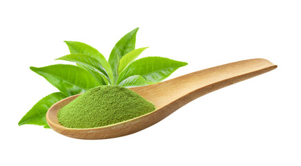 matcha green tea powder in wood spoon with leaf isolated on transparent png