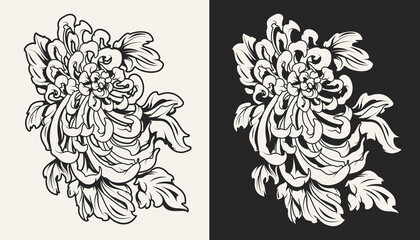Black and white vector illustrations of chrysanthemums isolated 