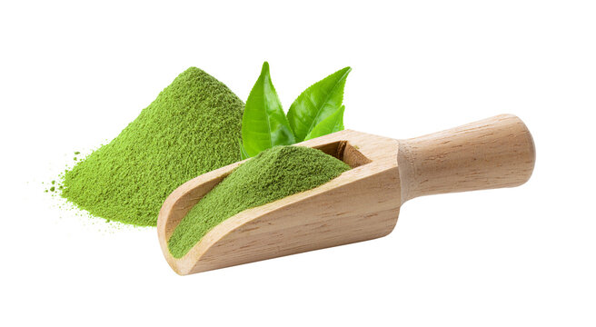 matcha green tea powder in wood scoop and leaf on transparent png