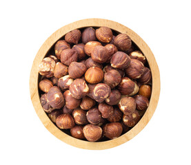 hazelnuts in wood bowl  isolated on transparent png