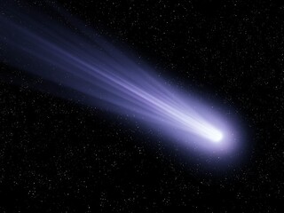 Glowing comet tail. Shooting star. Bright comet in the night sky. Fall of a meteorite from space.