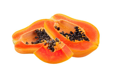 half of ripe papaya fruit with seeds isolated on transparent png