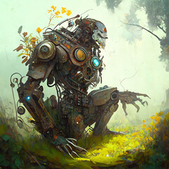 Plants sprout from a cyborg, robot, steampunk, fantasy, nature
