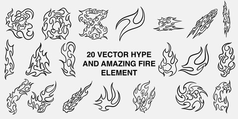 Popular and trending black and white vector fire ornament objects 2023 for tshirts, long sleeves, hoodies, parkas, streetwear, apparel and pajamas. Hand drawing of cool vector fire.