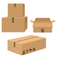 Delivery carton containers or mail boxes. Set. Box with fragile signs. Cardboard box mockup set. Open and closed cardboard box. Trucking, delivery, logistics, packaging