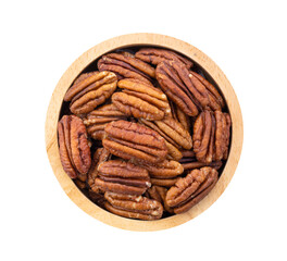 Pecans in wood bowl isolated on transparent png