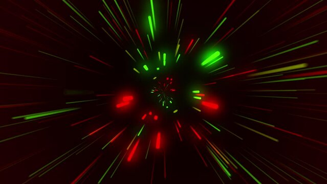 Abstract Light Red and Green Neon Looping Background, Universe Tunnel, Rapid Stars Burst Background
