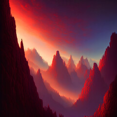 sunset over a red mountain range, AI generated