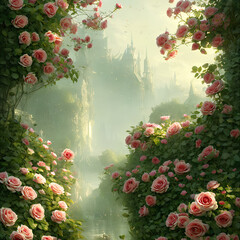 a field of flowers on the edges and in the background a castle covered in fog, generated by AI
