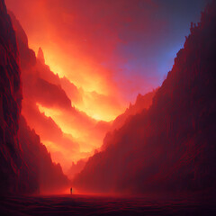 passage between a range of red mountains with dense fog, generated by AI