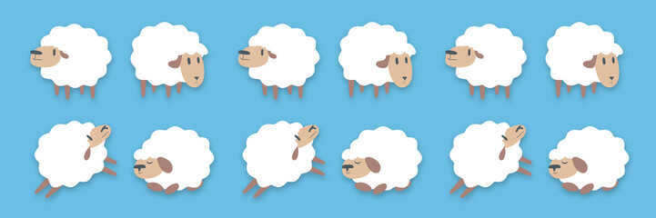 Set of cute cartoon sheep, Counting sheep to fall asleep on blue background. 