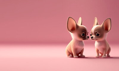 Two cute dogs in love on pink empty background. Puppys celebrating Valentine’s Day. Pets close to eachother in cartoon style. Fictitious generative Ai