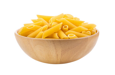 Pile of raw Macaroni (Gomiti Pasta) in wood bowl Isolated on transparent png
