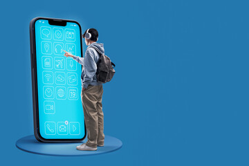 Teenager interacting with a big smartphone