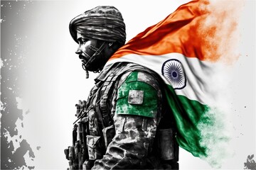  Indian Army soilder holding flag of India with pride for 26th January Happy Republic Day. AI