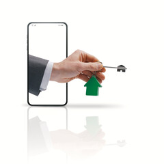 Real estate app and agent holding house key
