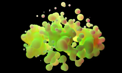 Digital abstract futuristic background of flying, flowing spheres, metaballs.  Green toxic acid substance slime isolated on black background. Subsurface scattering . Depth of field. 3D render