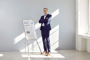 Professional sales manager standing in front of an office whiteboard at work. Full body length...