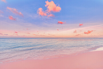 Beautiful sunrise beach. Exotic happy shore waves on bright sand sea horizon. Closeup idyllic...