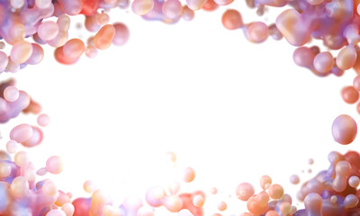 Digital abstract futuristic background of flying, flowing spheres, metaballs.  Framed into circle slime pink substance isolated on white background. Subsurface scattering . Depth of field. 3D render