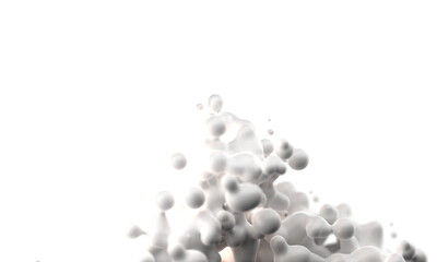 Digital abstract futuristic background of flying, flowing spheres, metaballs.  White substance slime isolated on white background. Subsurface scattering . Depth of field. 3D render