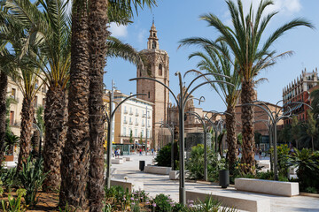 Fototapeta na wymiar Placa de la Reina, Famous Square with People in Valencia, Spain