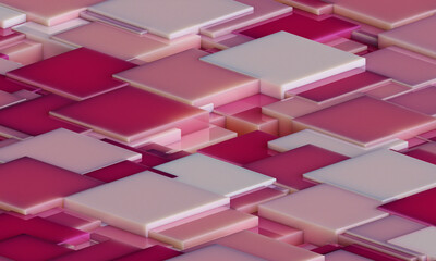 Abstract digital wallpaper design of magenta pink cubes on a plane with intersecting geometry. Subsurface scattering . 3d render. Three dimensional of mosaic tiles. Trend viva magenta color 2023 year.