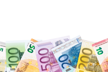 Photo of all Euro money with place for text, isolated. Individual details of the set of European Union's Euro cash, with a front side view. World money and economy concept.