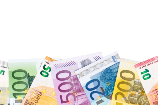 Photo of all Euro money with place for text, isolated. Individual details of the set of European Union's Euro cash, with a front side view. World money and economy concept.