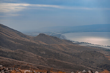 Kineret view from national park Hippus - Susita located on the hill on the Golan Heights in northern Israel on the Sea of Galilee. Traveling and hiking outdour nature concept