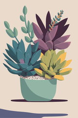 potted plants succulents flat color vector style background poster art print