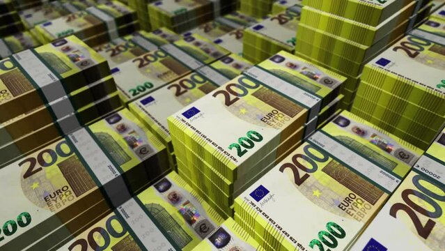 Euro 200 EUR banknote pack pile loop. Flying over money stack European Union note. 3D Abstract concept of business, economy, finance, crisis and banking. Seamless looped.