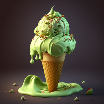 Pistachio Ice Cream Cone. Generative AI.