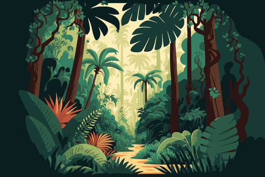 Jungle background Vector flat color cartoon illustration. Bright jungle in the morning