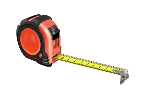 Realistic Tape measure isolated. Photo-realistic roulette construction tool isometric. Length measuring. Design case in red-black version. png