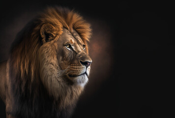 Studio portrait of a lion on a black background. Generative AI.