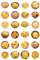 Collage of different types of Italian pasta in bowls on white background