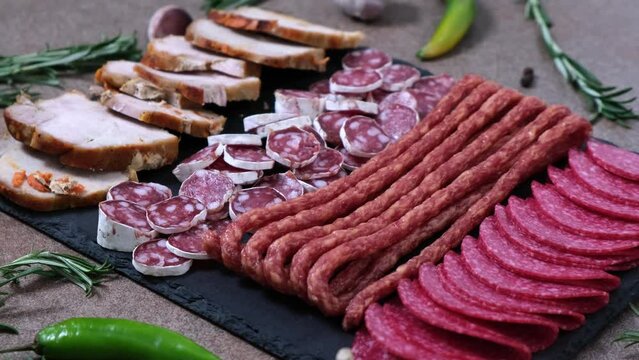 Meat plate with assortment of various tasty Spanish, french or Italian appetizers - sliced prosciutto, sausage, salami, kabanos sausages, fuet. Meat platter rotating
