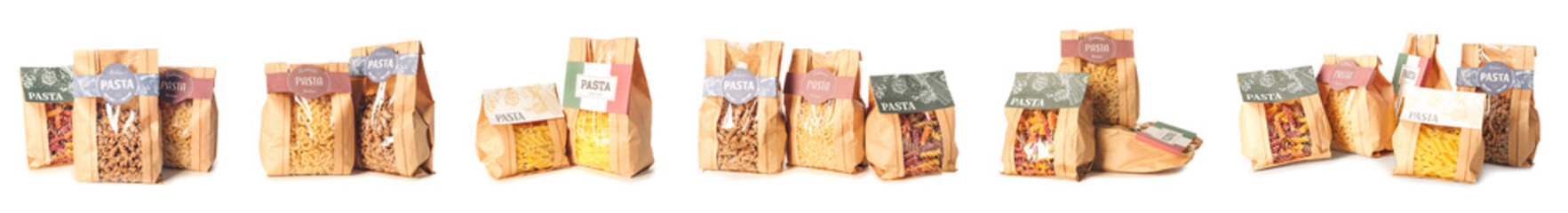 Set of different types of Italian pasta in bags on white background