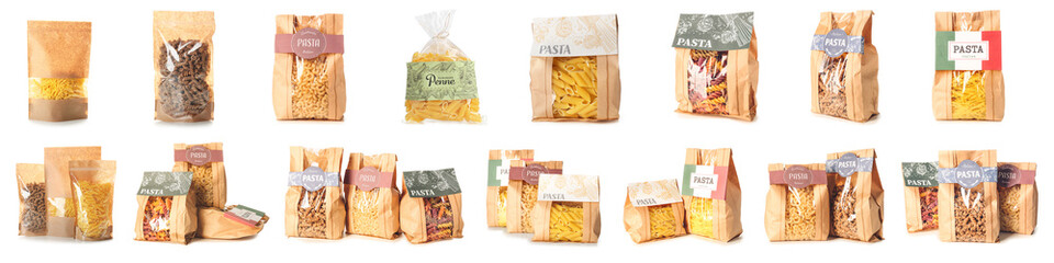 Collage of different types of Italian pasta in bags on white background