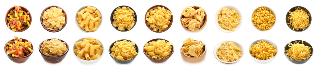 Collection of different types of Italian pasta in bowls on white background