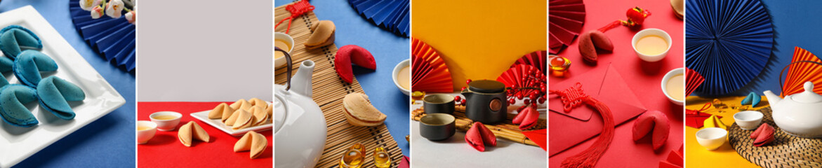Set of tasty fortune cookies with tea and Chinese symbols of New Year on color background