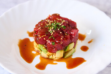 tuna tartare dish with avocado