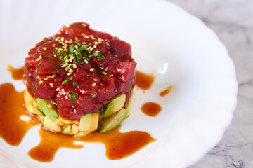 tuna tartare dish with avocado