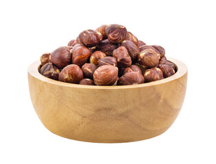 hazelnuts in wood bowl  isolated on transparent png
