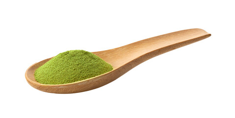 matcha green tea powder in wood spoon on transparent png
