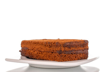 One piece of truffle cake on a ceramic white saucer, macro shot on a white background.