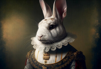 Rabbit aristocrat. Vintage outfit with ruff. White millstone collar. Generative Ai Art. Antique style portrait of a bunny in ruff collar.