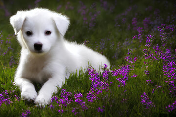 White puppy on a purple flowers background
